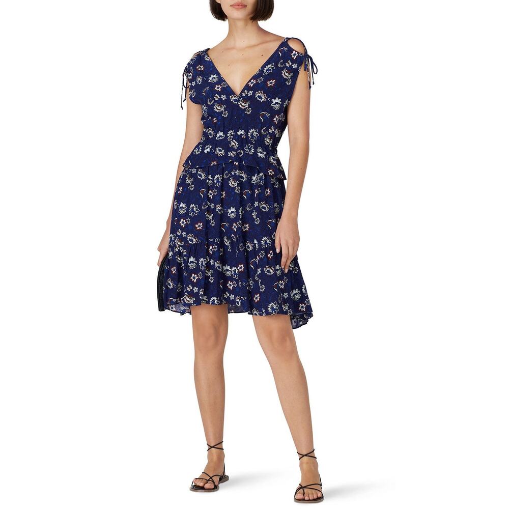 THAKOON Navy Lotus Print Shirred Waist Ruffled Hi-Low Hem V-Neck Dress size 2